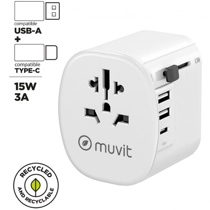 Muvit For Change Cargador de Pared Universal MCADP0006 con 1x USB-C y 2x USB-A, 15W